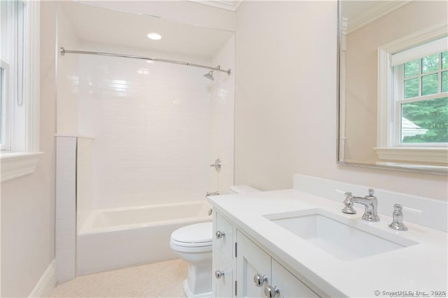 full bathroom with bathtub / shower combination, ornamental molding, toilet, and vanity