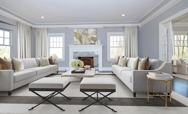 living room featuring crown molding, a high end fireplace, and hardwood / wood-style flooring