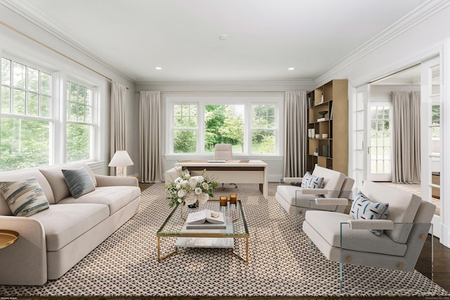 living room featuring hardwood / wood-style floors and crown molding