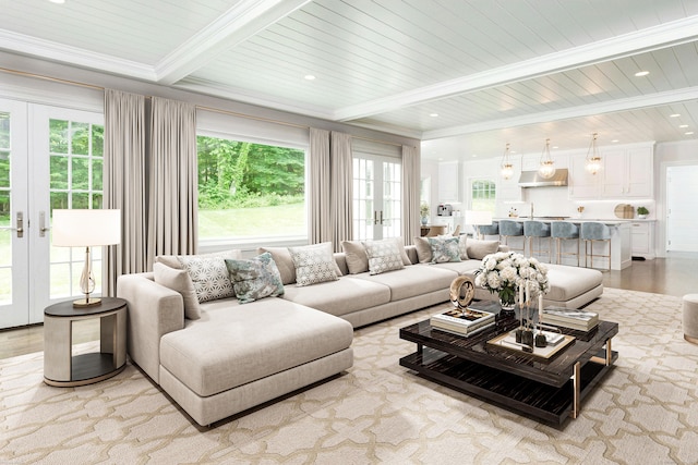 living room featuring beamed ceiling, crown molding, light wood-type flooring, and french doors