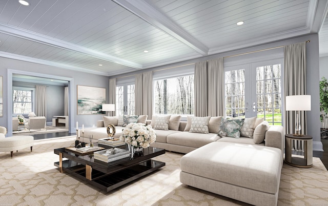 living room featuring beamed ceiling, crown molding, wood ceiling, and french doors