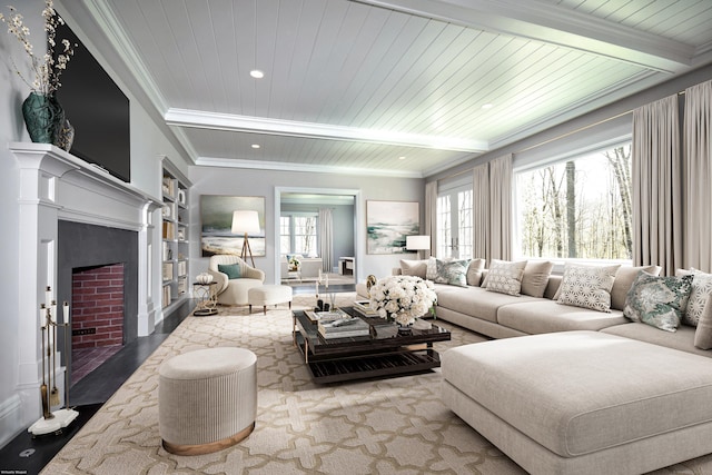 living room featuring hardwood / wood-style flooring, crown molding, wooden ceiling, and beam ceiling