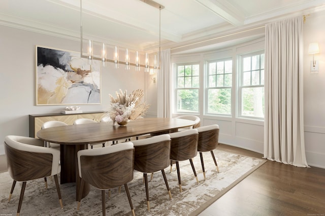 dining space featuring beamed ceiling, dark hardwood / wood-style floors, and crown molding