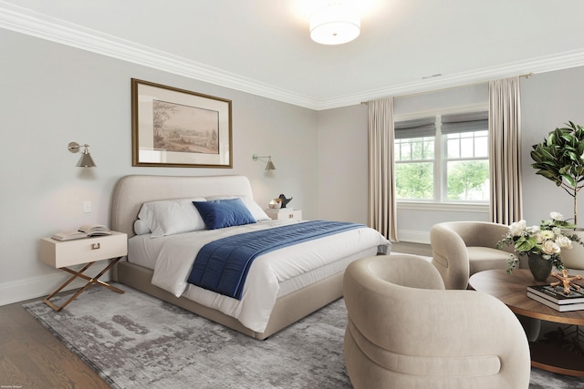 bedroom featuring crown molding and wood-type flooring