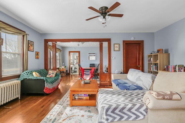 living area featuring radiator, light wood-style floors, ceiling fan, and ornate columns