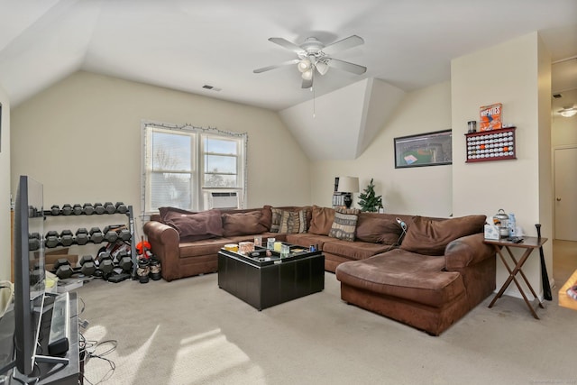 living room with lofted ceiling, carpet, visible vents, and ceiling fan