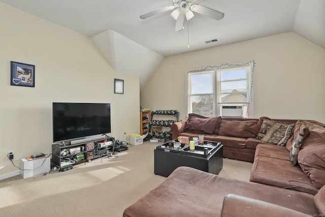 living area with light carpet, visible vents, lofted ceiling, ceiling fan, and cooling unit