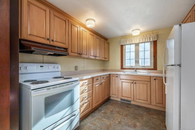 kitchen featuring light countertops, a sink, under cabinet range hood, white appliances, and visible vents