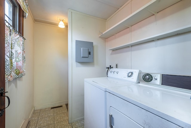 laundry room featuring baseboards, washing machine and clothes dryer, visible vents, laundry area, and electric panel