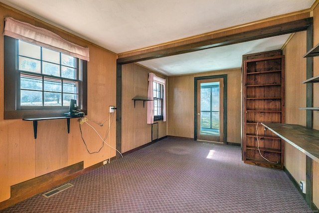 interior space featuring a wealth of natural light, visible vents, dark carpet, and baseboards