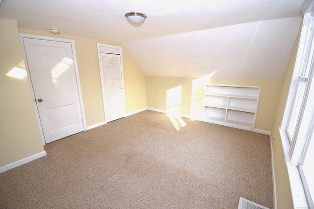 additional living space with lofted ceiling and carpet floors