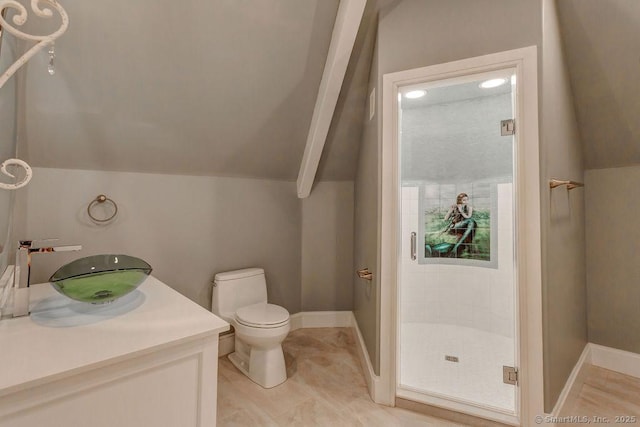 bathroom featuring walk in shower, lofted ceiling, toilet, and vanity