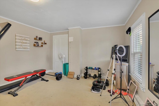 workout room with ornamental molding, carpet flooring, and baseboards