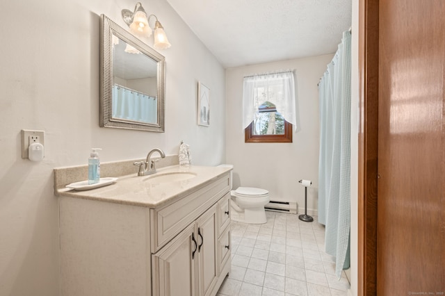 bathroom with vanity, a textured ceiling, toilet, tile patterned floors, and baseboard heating