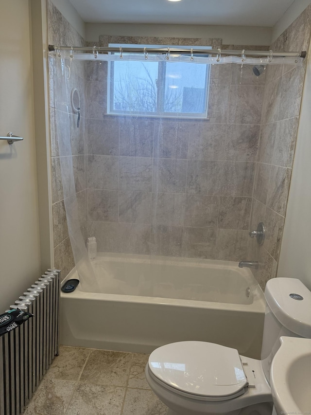 bathroom with shower / bathtub combination, radiator heating unit, and toilet