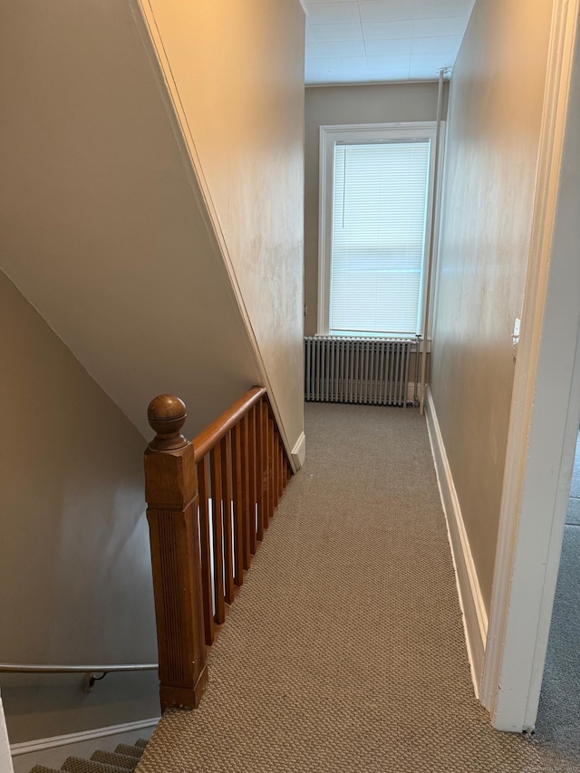 hallway with radiator heating unit, carpet floors, and baseboards