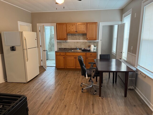 kitchen with freestanding refrigerator, light wood-style flooring, and dark countertops