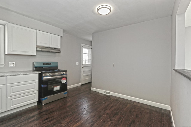 kitchen featuring white cabinetry, gas stove, and dark hardwood / wood-style flooring