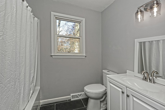 full bathroom featuring vanity, tile patterned floors, toilet, and shower / bathtub combination with curtain