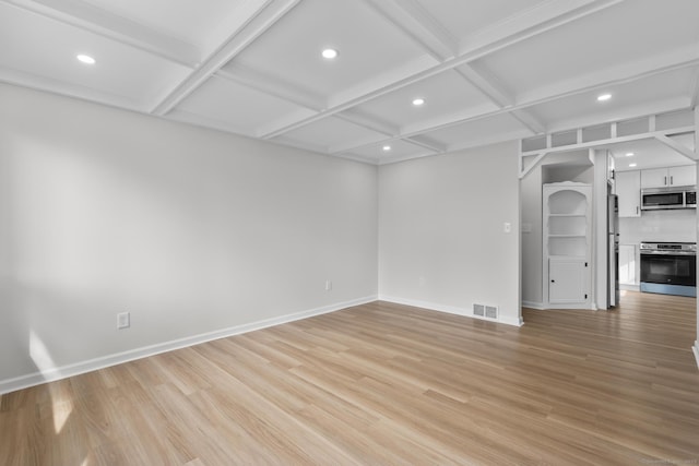 unfurnished room featuring visible vents, coffered ceiling, recessed lighting, light wood finished floors, and baseboards