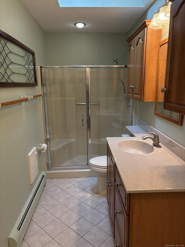 bathroom featuring walk in shower, toilet, a textured ceiling, baseboard heating, and tile patterned flooring