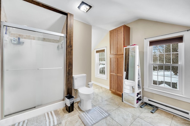 bathroom featuring vaulted ceiling, a shower with shower door, a baseboard heating unit, toilet, and tile patterned floors