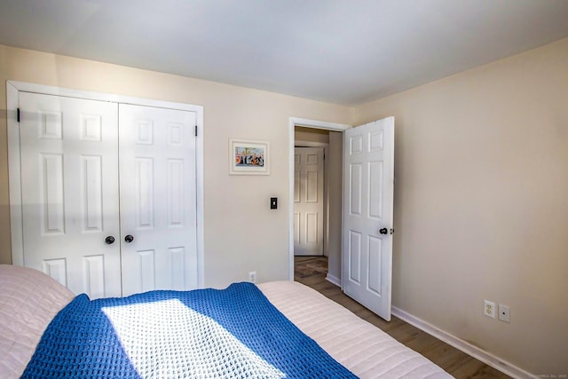 bedroom featuring wood-type flooring and a closet