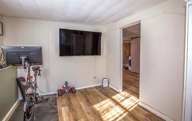 workout area featuring washer / clothes dryer and wood-type flooring