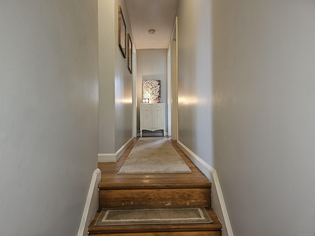 stairway featuring hardwood / wood-style flooring