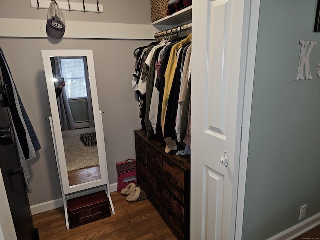 spacious closet featuring a baseboard heating unit and dark hardwood / wood-style flooring