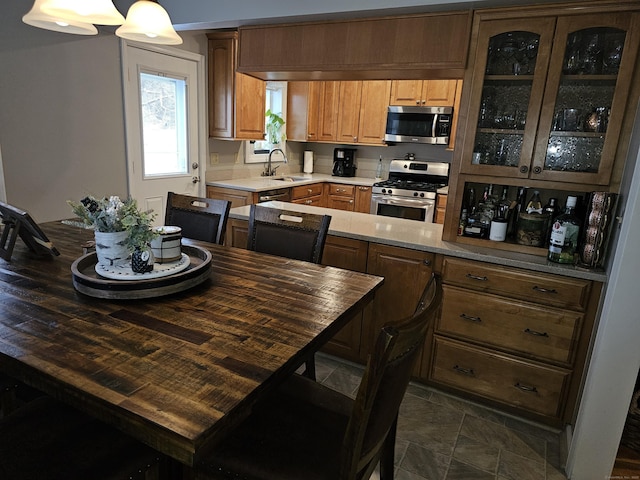 kitchen with hanging light fixtures, stainless steel appliances, and sink