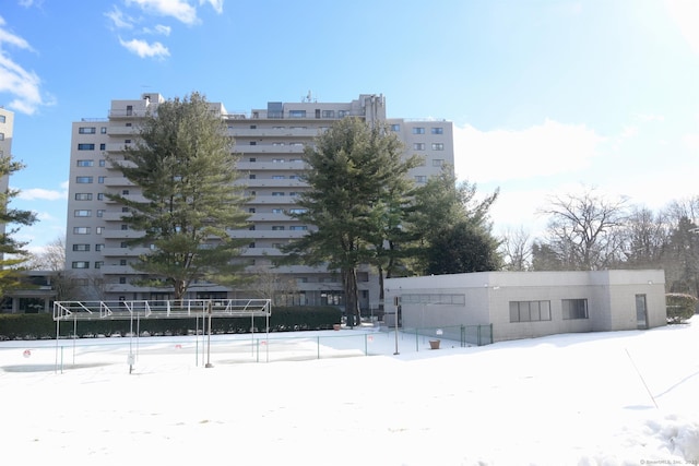 view of snow covered building