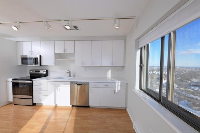 kitchen featuring light wood-type flooring, white cabinetry, stainless steel appliances, and sink