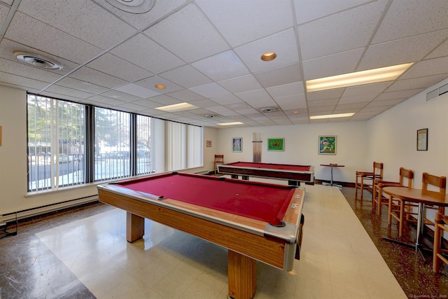 rec room with pool table and a paneled ceiling