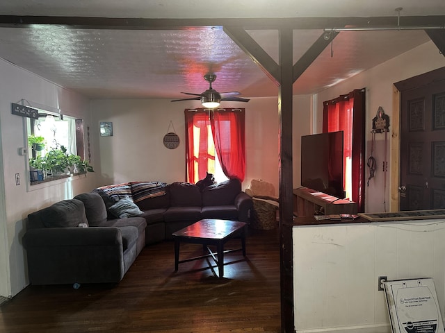 living room featuring dark hardwood / wood-style flooring, a textured ceiling, and ceiling fan