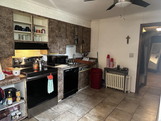 kitchen featuring radiator heating unit, black appliances, sink, dark brown cabinetry, and ceiling fan