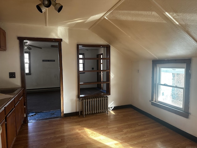 additional living space featuring lofted ceiling, ceiling fan, radiator heating unit, and wood-type flooring