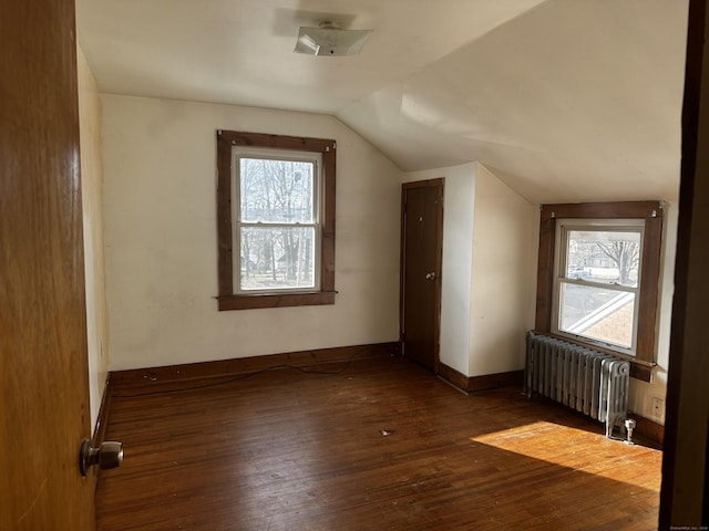 bonus room featuring vaulted ceiling, dark hardwood / wood-style floors, and radiator heating unit