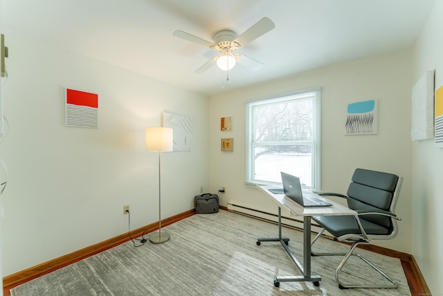 carpeted office space featuring ceiling fan