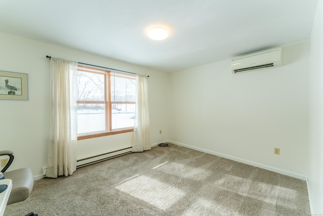 carpeted spare room with a baseboard heating unit and a wall mounted AC