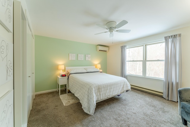 bedroom with baseboard heating, light colored carpet, a wall mounted AC, and ceiling fan