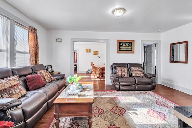 living room with dark hardwood / wood-style floors