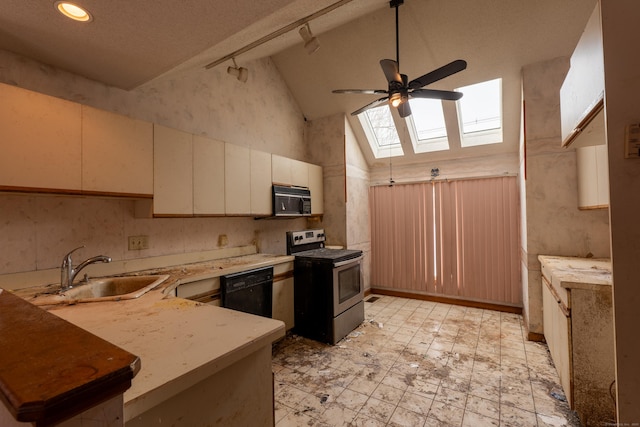 kitchen with sink, high vaulted ceiling, track lighting, kitchen peninsula, and black appliances