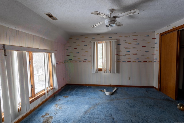 carpeted spare room with lofted ceiling, plenty of natural light, and a textured ceiling