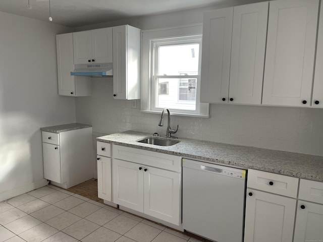 kitchen featuring white cabinetry, dishwasher, sink, and tasteful backsplash