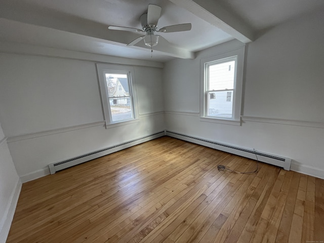 unfurnished room featuring hardwood / wood-style flooring, a baseboard radiator, beamed ceiling, and a wealth of natural light