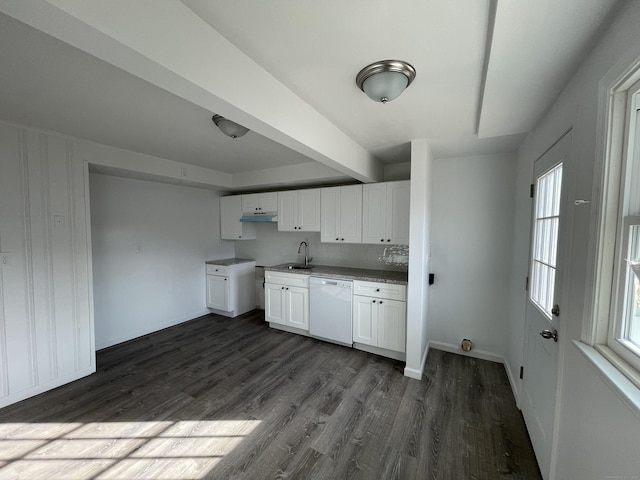 kitchen with white dishwasher, dark hardwood / wood-style flooring, sink, and white cabinets