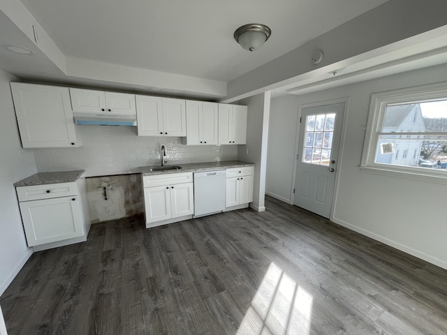 kitchen featuring sink, white dishwasher, tasteful backsplash, white cabinets, and dark hardwood / wood-style flooring