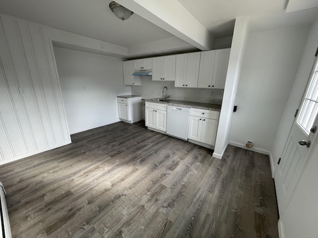 kitchen with white cabinetry, dishwasher, dark hardwood / wood-style floors, and sink