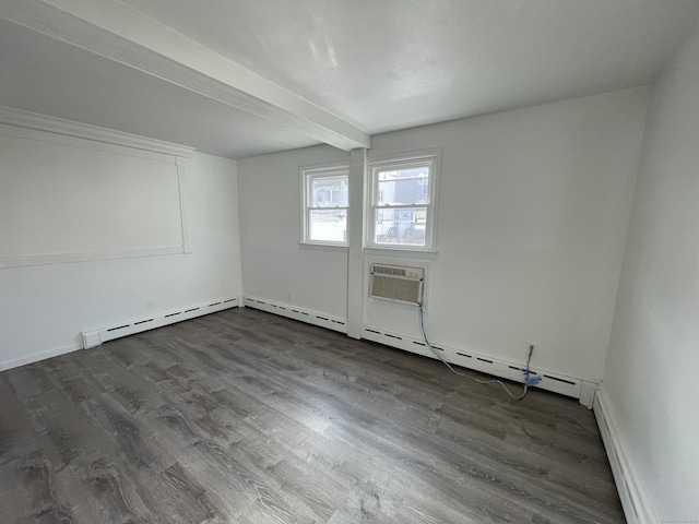 spare room featuring a wall mounted air conditioner, beam ceiling, and dark hardwood / wood-style floors